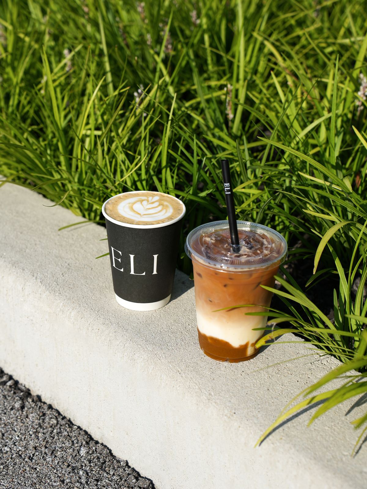 An ELI hot latte with leaf latte art and an iced latte with an ELI straw, set on a concrete ledge in front of tall grass