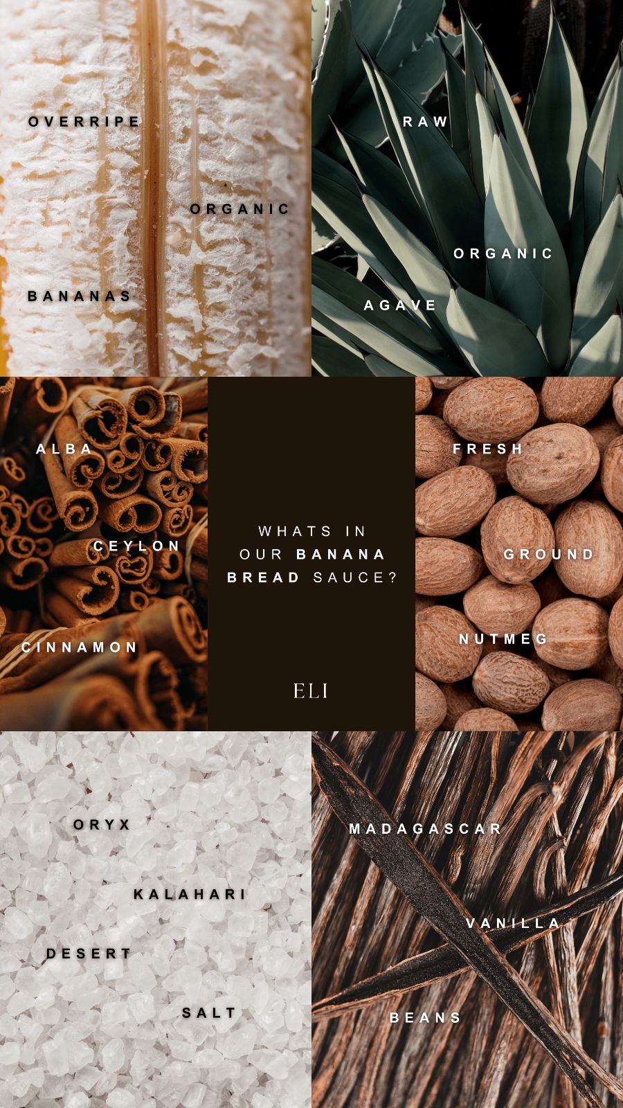 Overripe bananas, cinnamon curls and nutmeg, labeled in spaced caps