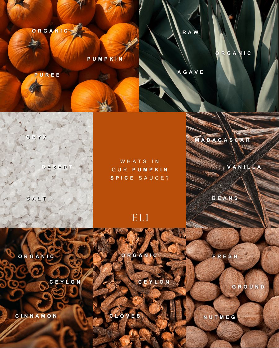Organic pumpkins, cloves and cinnamon, labeled in spaced caps
