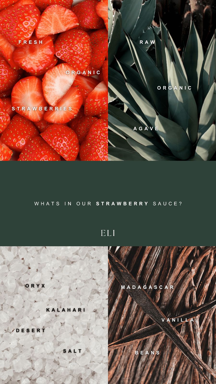 Fresh strawberries and desert salt, labeled in spaced caps